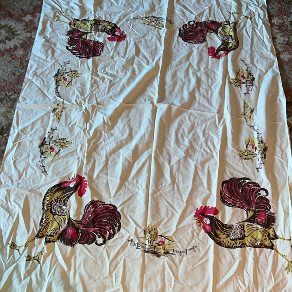 Vintage California Hand Prints Roosters tablecloth 50” x 66”